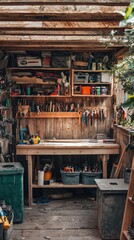 Naklejka premium Cozy Rustic Workshop with Tools and Wooden Shelves in Natural Light