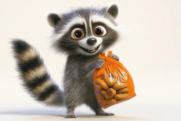 Obraz premium Adorable Cartoon Raccoon Holding a Bag of Treats Delightful Animated Character Illustration