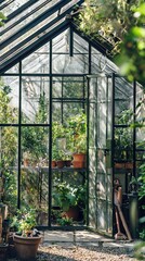 Fototapeta premium Lush Greenhouse Interior Bathed in Natural Light with Vibrant Plants
