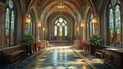 Fototapeta premium Grand church aisle, stained glass