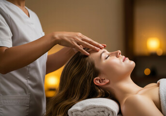 Naklejka premium Head and Forehead Massage: Rejuvenating Treatment by Spa Professional