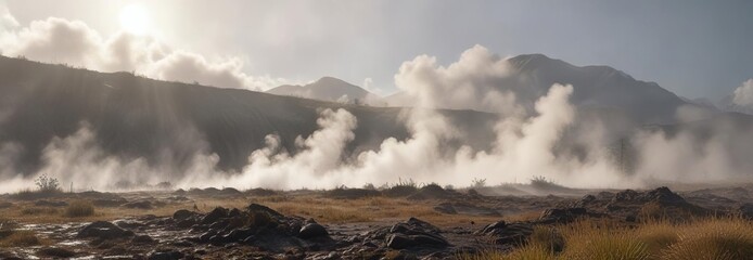 Dense wall of steam rising from the ground, shrouding surrounding landscape in mist, condensation, steam, atmospheric conditions, natural phenomenon, fog