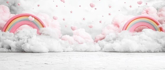 Magical Rainbow Cloudscape  Pastel Sky  Hearts  Stars Background