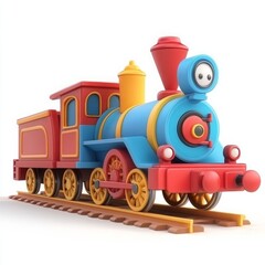 Cute 3D Cartoon Style Train on White Background, Side View, 3D Rendered, Isolated Illustration.
