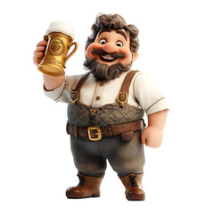 Cheerful cartoon man with beard and mustache holding a beer mug isolated on transparent background.