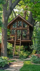 Cozy Treehouse Surrounded by Lush Greenery and Tall Trees