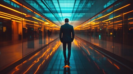 Businessman walking futuristic corridor.