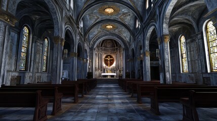 Fototapeta premium Grand church interior, peaceful and serene.