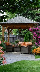 Fototapeta premium Cozy Garden Haven with Comfortable Seating and Vibrant Flowers