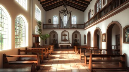 Tranquil church interior, sunlit pews
