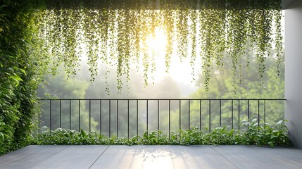 Serene balcony with lush greenery and soft sunlight casting a warm glow.