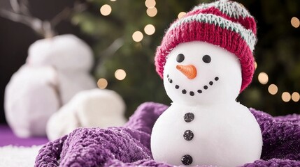 Obraz premium Adorable Snowman in Knit Hat Winter Holiday Scene