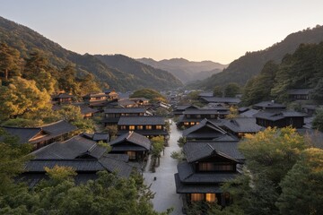 Mountain village sunset, tranquil houses, valley view, travel destination