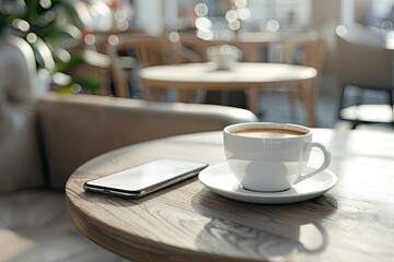High Detail Visual of Cup of Coffee and Smartphone on Table in Cafe