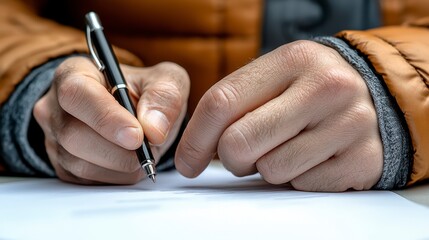 Close-up of hands writing with a pen on white paper.