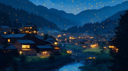 Fototapeta premium Enchanting twilight over a serene village, illuminated by fireflies and warm lights.