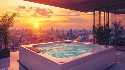 Fototapeta premium Luxurious Hot Tub with City View at Sunset in Modern Apartment