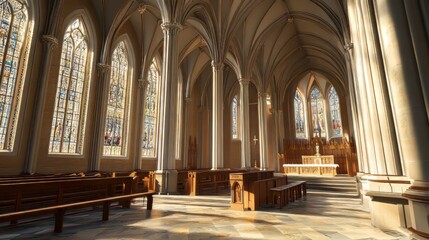 Fototapeta premium Sunlit church interior with stained glass