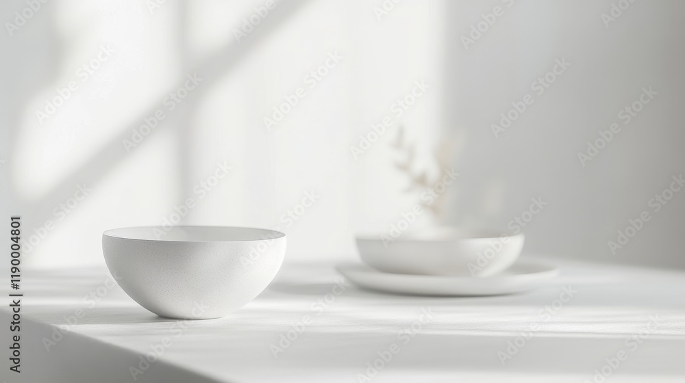 Poster Minimalistic Soft Blurred Background with White Bowl and Plates