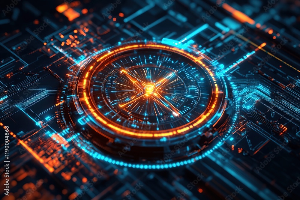 Poster futuristic technology: exploring the glowing circuits and digital interface of advanced systems, wit