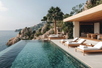 Fototapeta premium Infinity pool overlooking mediterranean sea at luxury resort in spain