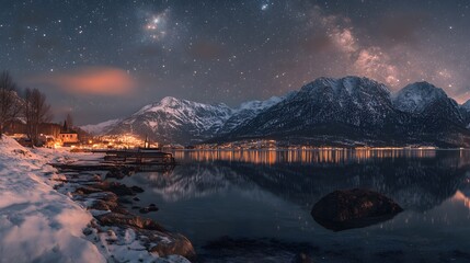 Starry night over a serene lakeside village with snowy mountains in the background.
