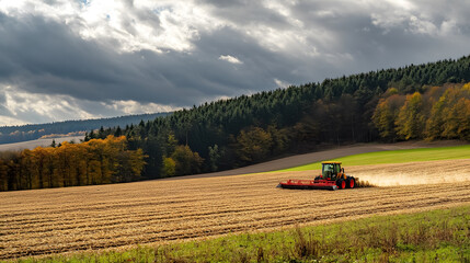 A combine harvester and tractor work together in a wheat field.