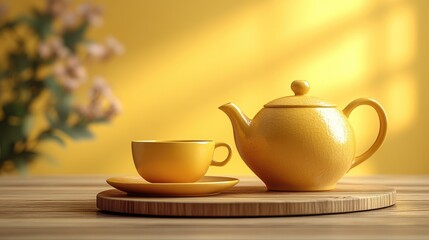 Fototapeta premium Yellow teapot and cup basking in sunlight on wooden table