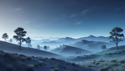 Dreamy abstract blue gradient landscape with gentle hills and trees, soothing colors, tranquil scene., calming atmosphere