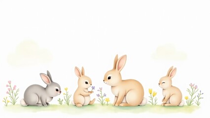 Fototapeta premium Delicate watercolor bunnies surrounded by pastel flowers and foliage. A serene and minimal design, perfect for spring-themed cards, nursery art, or elegant Easter prints.