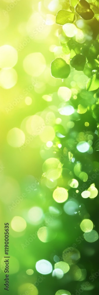 Poster lush green nature background with soft bokeh effect and light