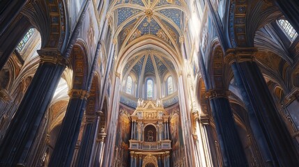 Ornate church interior, sunlight streams in