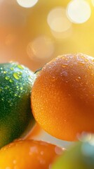 Fresh Citrus Fruits with Water Drops and Vibrant Background Colors