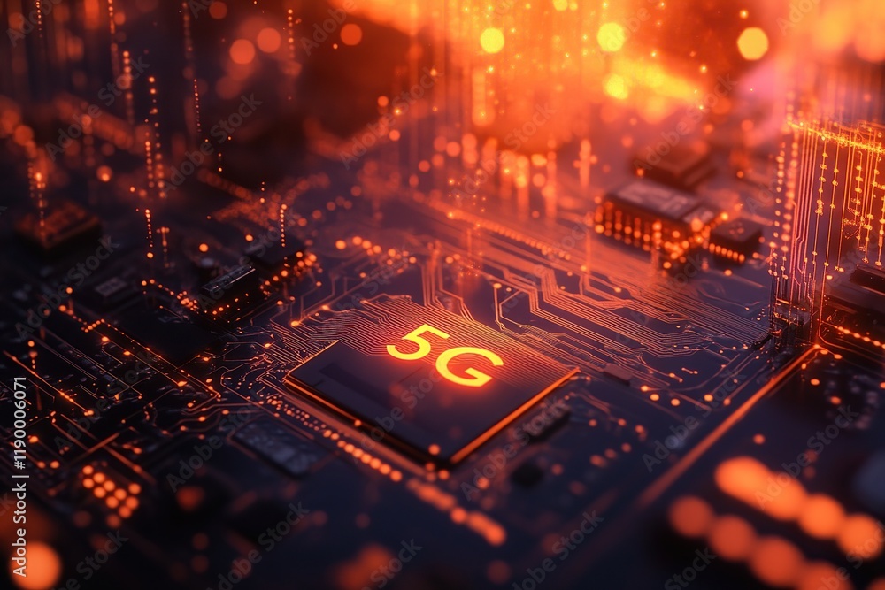 Poster exploring 5g technology: circuit board's intricate design and high-speed networks revolutionizing co