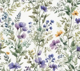 Fototapeta premium Dreamy watercolor wildflowers and leafy branches on seamless white background motif, elegant, artistic, feminine, muted pastel hues