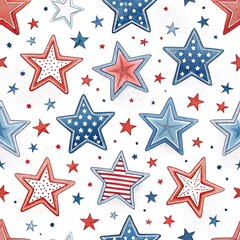 Fototapeta premium Patriotic American stars seamless pattern in red, blue, and white national colors. Isolated on white background. American Independence day vector background. 
