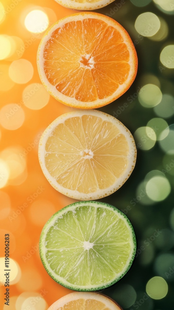 Poster Fresh Citrus Slices Display on Bright Background with Bokeh Effects