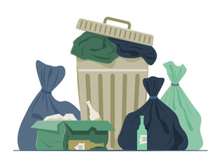 Trash Can with Pile of Garbage Bags for Scattered Trash Concept Illustration