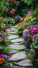 Naklejka premium Vibrant Flower Pathway Surrounded by Colorful Blooms and Greenery