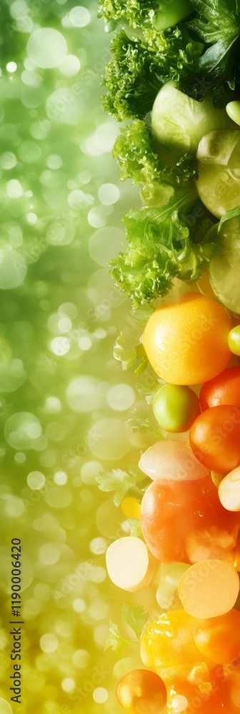 Aufkleber fresh vegetables and fruits with bokeh background in vertical layout