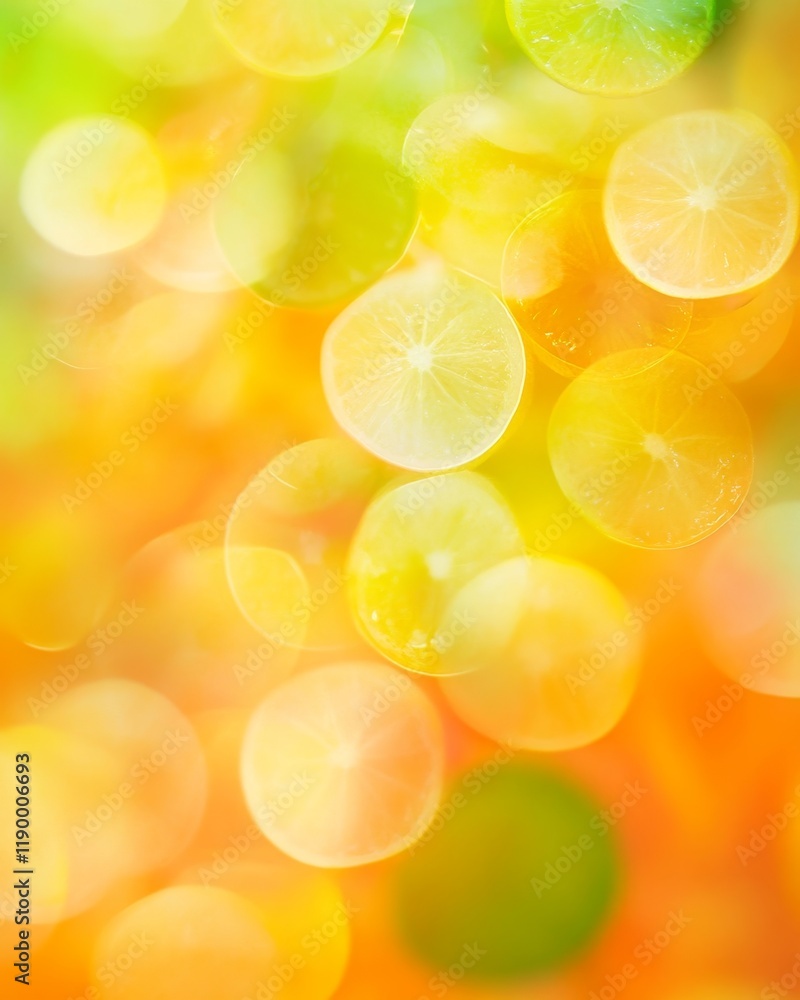 Poster bright citrus slices with bokeh effect on vibrant colorful background