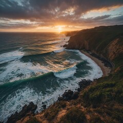 A sunrise viewed from a cliff overlooking a hidden beach, with dramatic waves below.