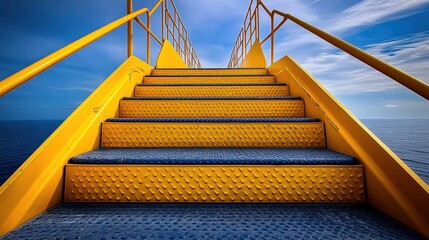 Offshore platform stairs, ocean view, industrial access