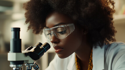 A female scientist in a lab, peering into a microscope