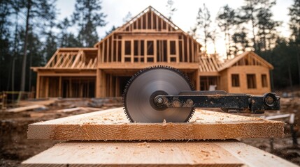 Circular saw cutting lumber at new home construction site.