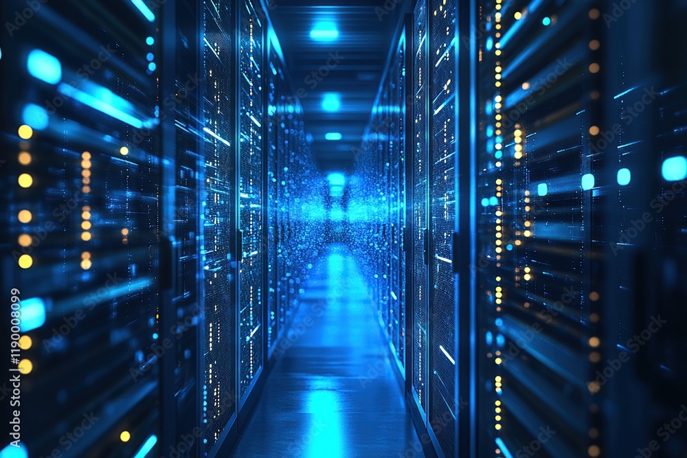 Poster exploring the server room: data center infrastructure and modern technology solutions for digital st