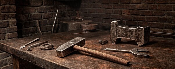 Rustic Workshop with Vintage Tools on Wooden Workbench, Perfect for Craft and DIY Projects