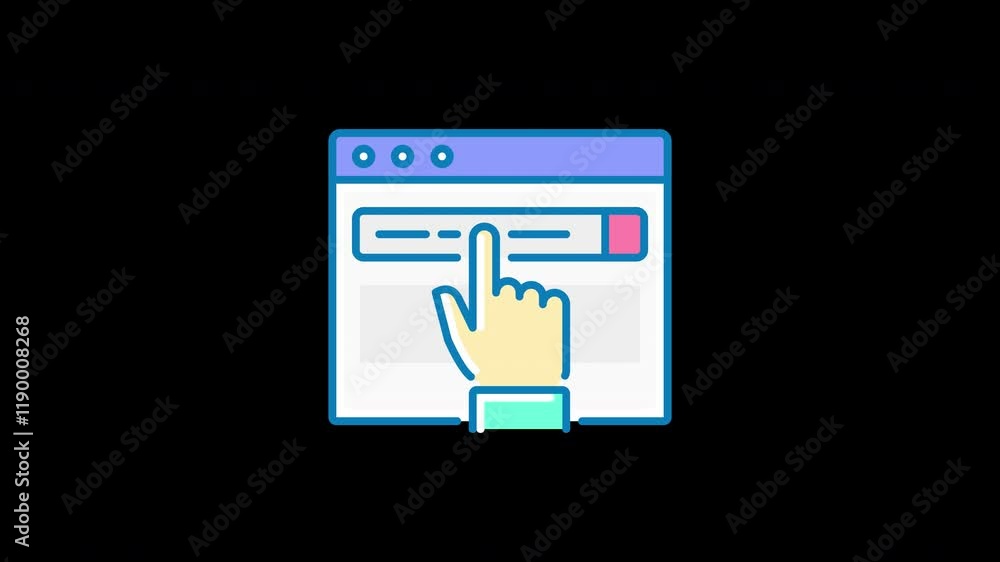 Poster illustration of a hand pointing at a search bar on a computer screen, representing digital interacti