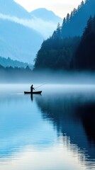 Serene Fisherman in Small Boat on Calm Lake Surrounded by Mountains