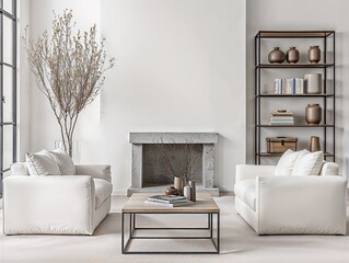Generative AI, Scandinavian-inspired living room with natural accents and soft lighting